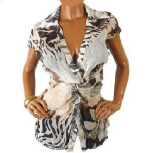 Cache Sheer Print Twist Front Blouse Lightweight Cap Sleeve Collared - size L